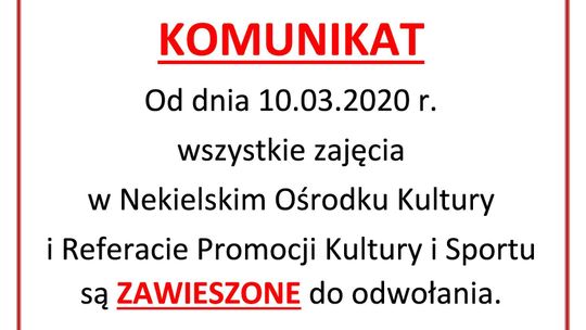 Zajęcia w Nekielskim Ośrodku Kultury odwołane!