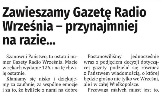 Zawieszamy Gazetę Radio Września - przynajmniej na razie