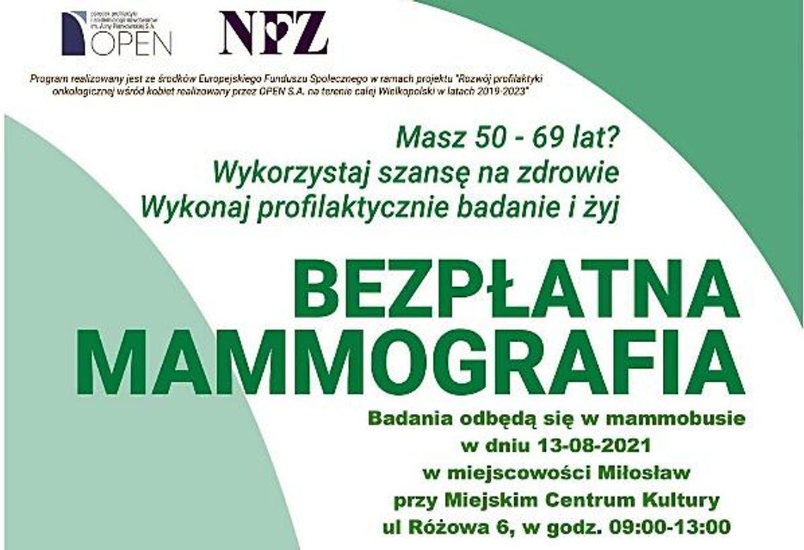 Bezpłatne badania mammograficzne dla kobiet w Miłosławiu