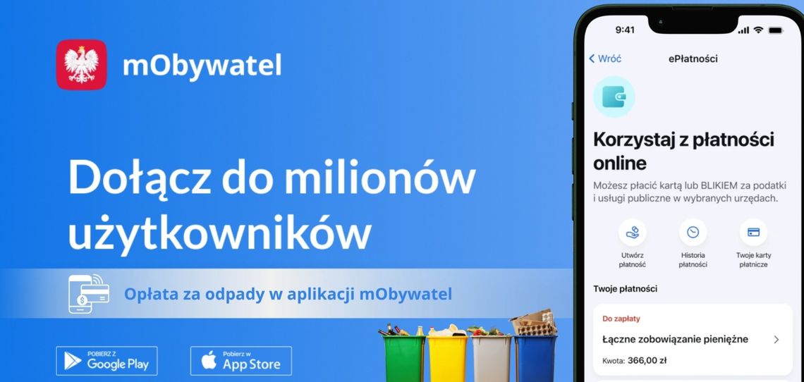 Opłaty za odpady komunalne można już opłacić przez aplikację mObywatel Opłaty za odpady komunalne można już opłacić przez aplikację mObywatel