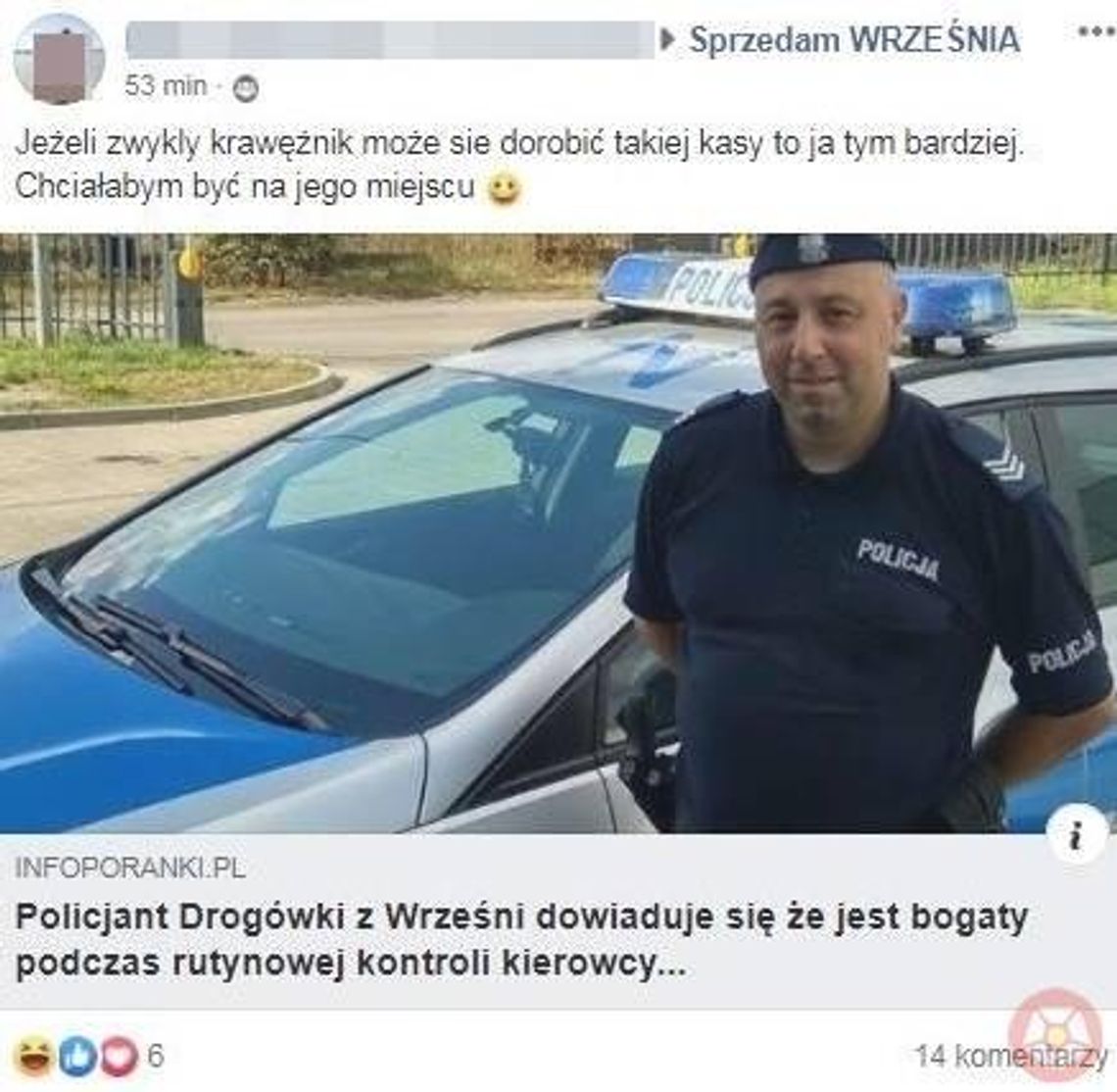 Policjant z wrzesińskiej drogówki dowiedział się, że jest bogaty - ostrzegamy to fake news!
