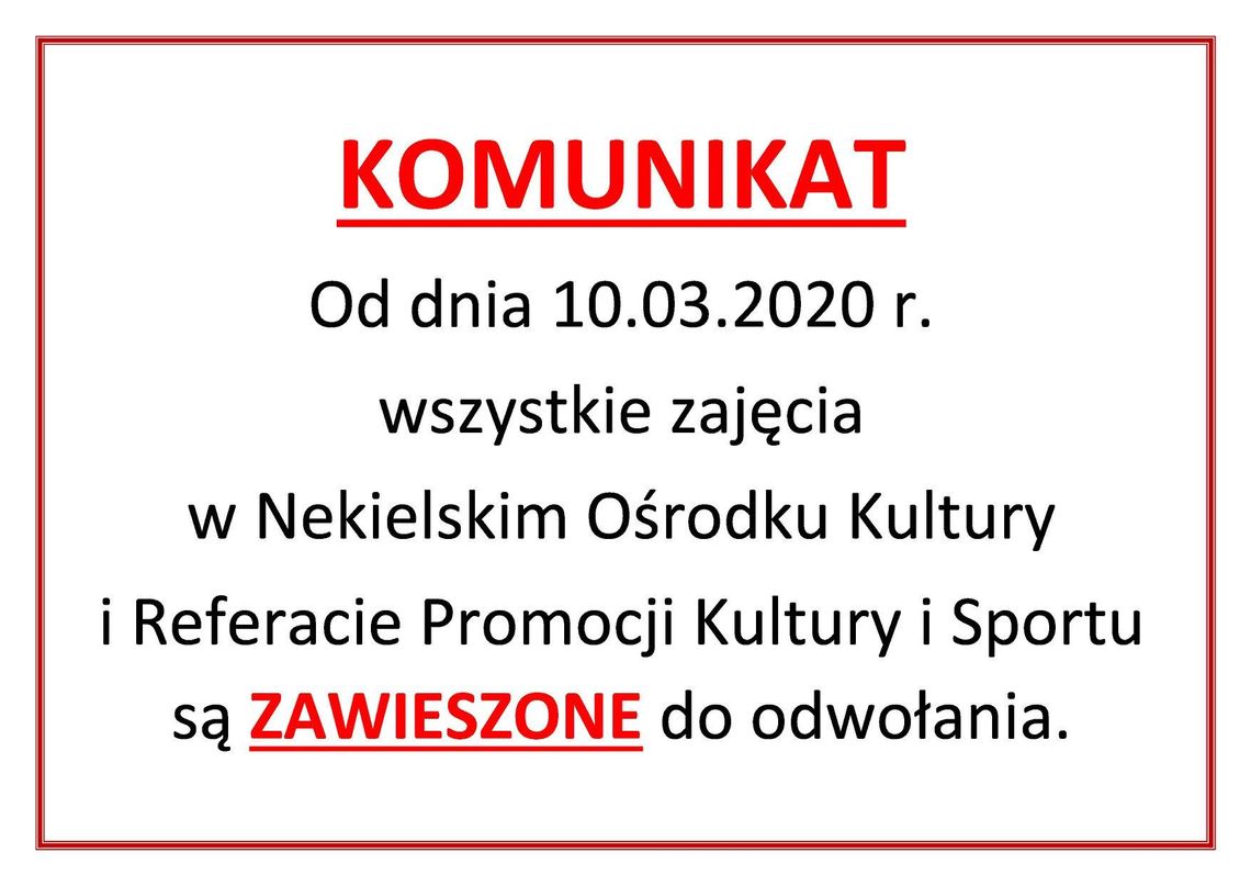 Zajęcia w Nekielskim Ośrodku Kultury odwołane!