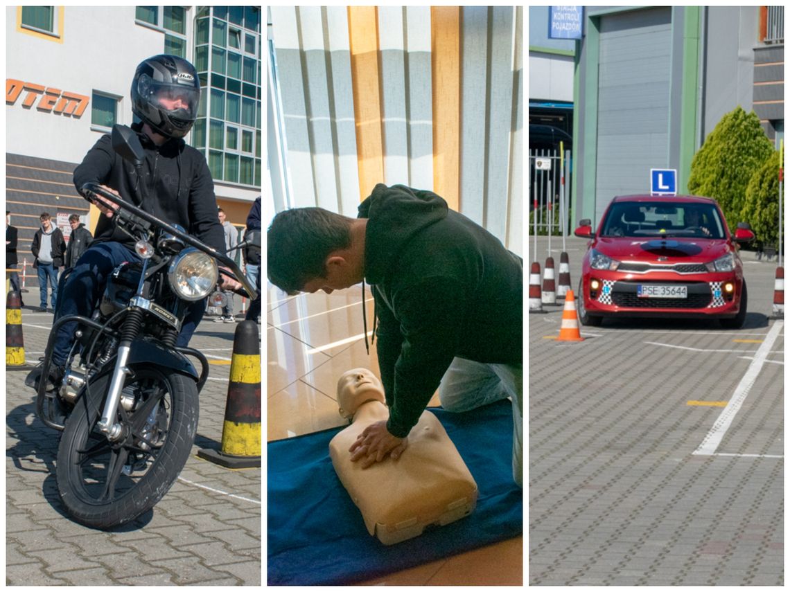 zlepek trzech zdjęć przedstawiających jazdę motocyklem, pierwszą pomoc i jazdę samochodem